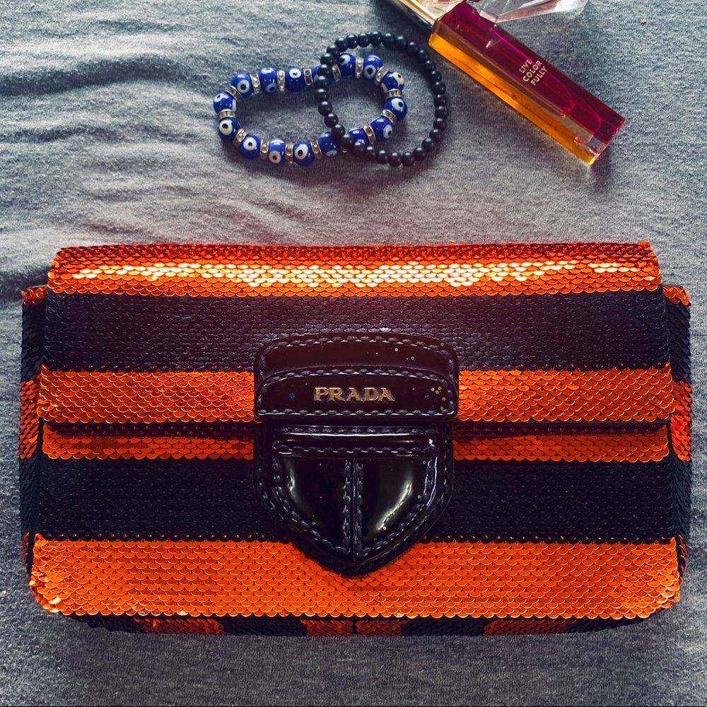 Sequin Black & Orange Prada Evening Clutch